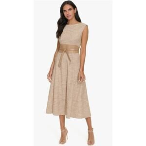 Calvin Klein Womens Sleeveless Tie Front Tweed Midi Dress Womens Size 4 Tan